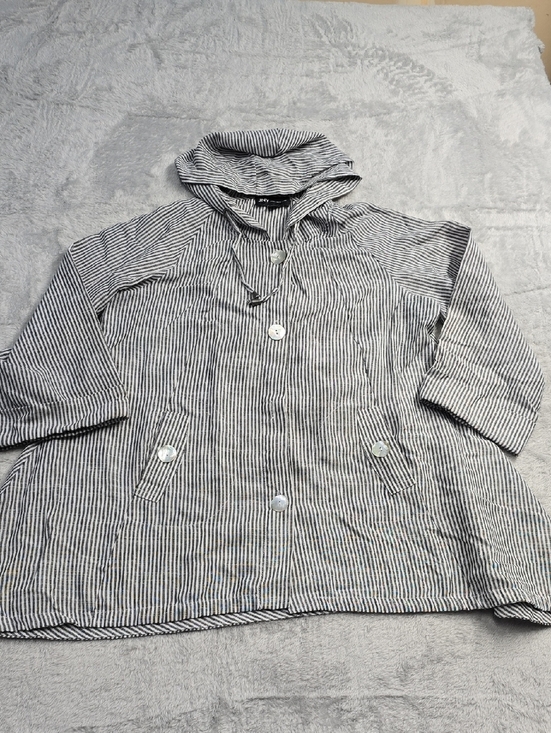 Jones New York Jackets & Blazers - JNY Linen Blend Hooded Tunic Jacket Sz L Black White Striped Coastal Oversized
